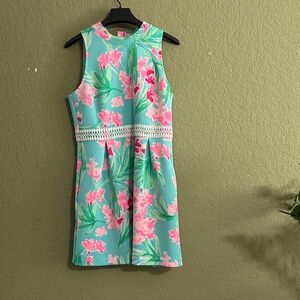 Lilly Pulitzer Aqua Floral Sleeveless Mini Dress with Pink Blooms